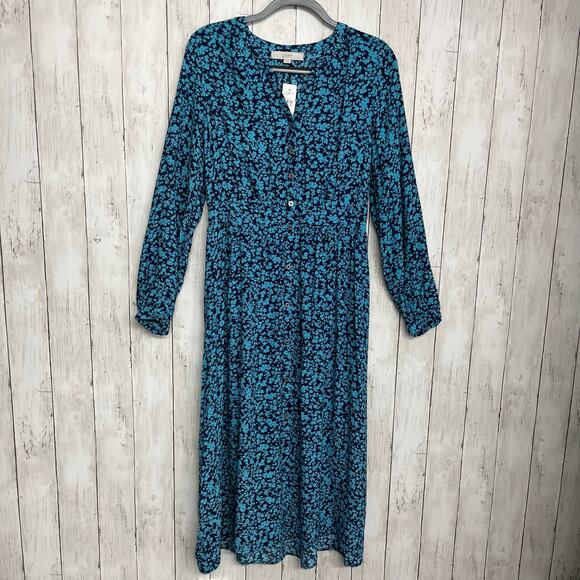 LOFT Blue Long Sleeve Lightweight Floral Button Front Flowy V Neck Shirt Dress 6 - Picture 1 of 9